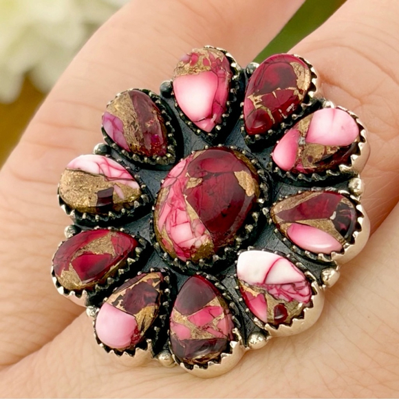 Southwest Jewelry - Pure Sterling Silver 925 Red Dahlia Turquoise Cluster Ring Size 7 Navajo Style